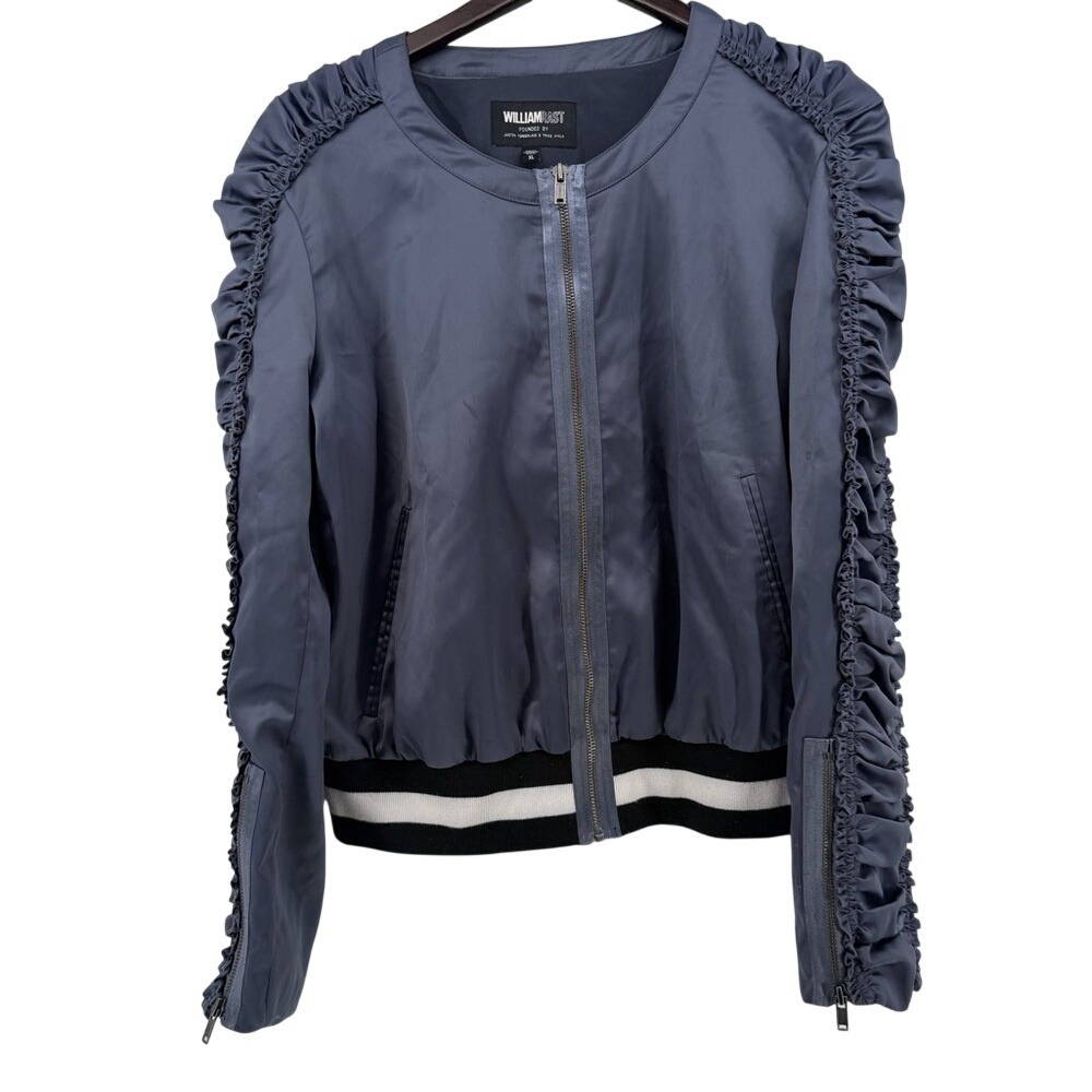 William Rast Womens XL Slate Blue Ruched Sleeve Satin Bomber Jacket Zip Front